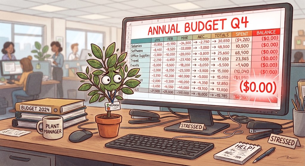 Illustration of a worried houseplant wearing a helpdesk badge on an office desk, in front of a monitor showing an annual budget spreadsheet with every balance at $0.00. Around it sit a Budget 2024 binder, a Plant Manager mug, two Stressed desk signs and a notepad that says Help!