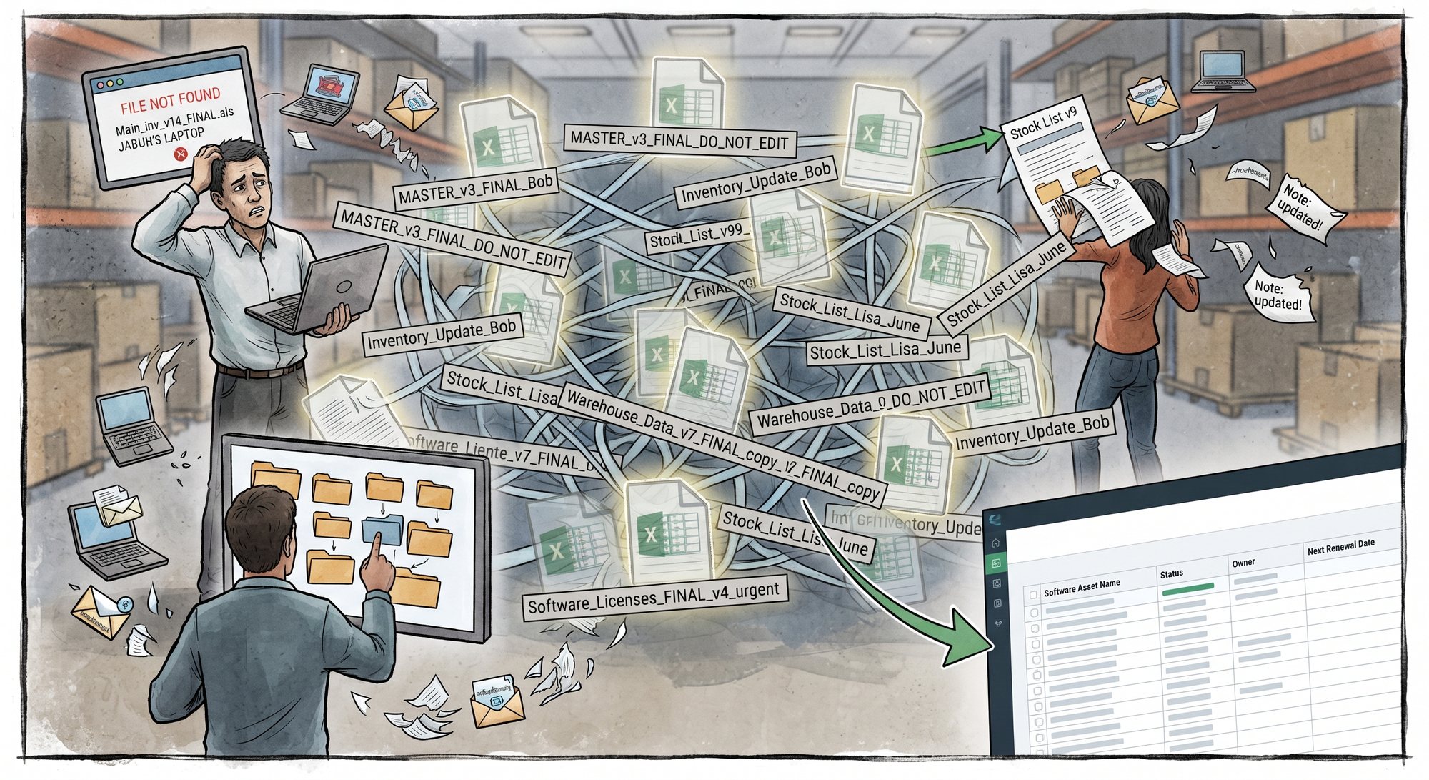 Illustration of a warehouse office buried in tangled copies of the same spreadsheet, each saved under a different name, with one shared list on a screen in the corner.