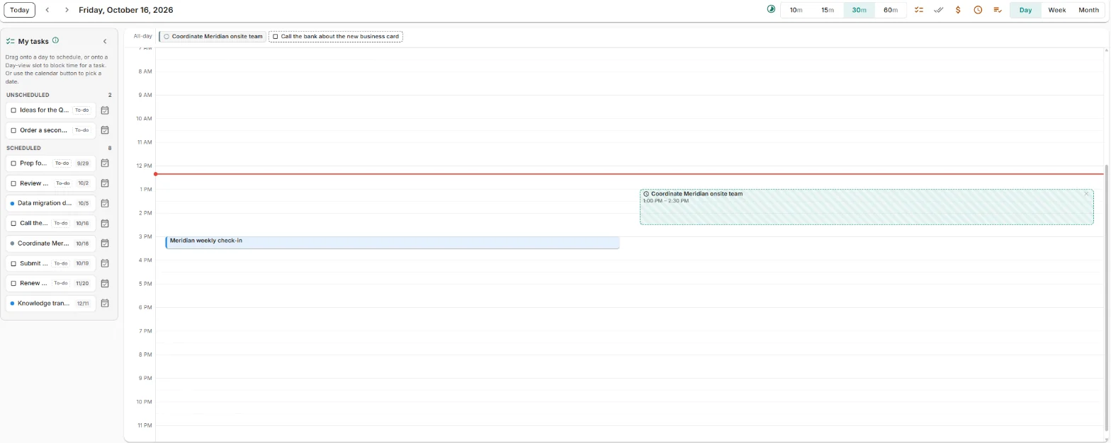 Day view, with an hour and a half blocked for a task