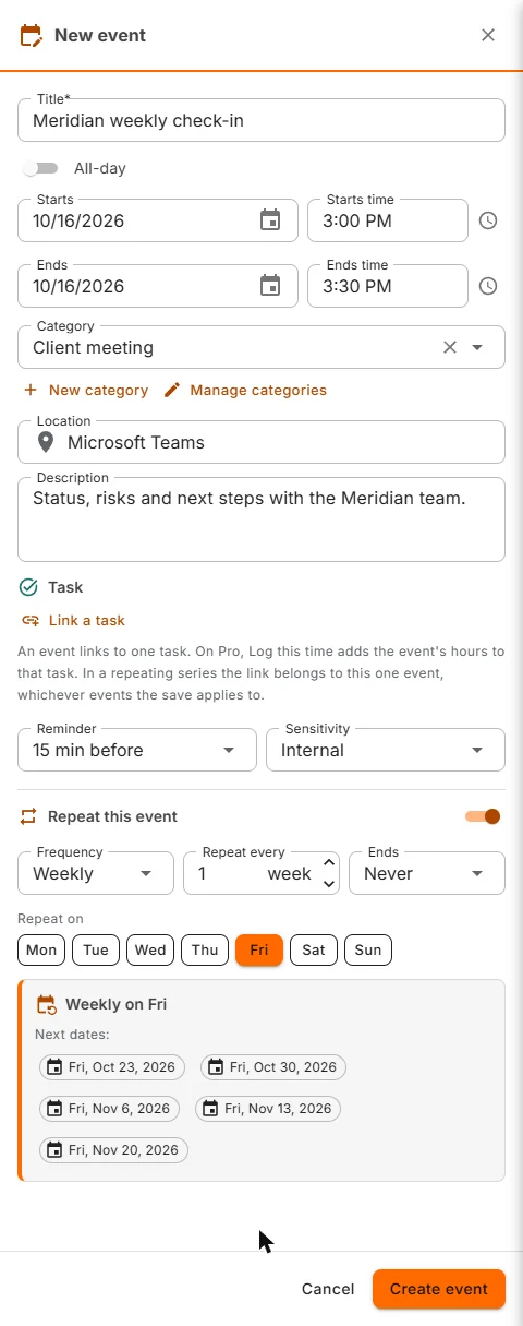 A new event, set to repeat every Friday