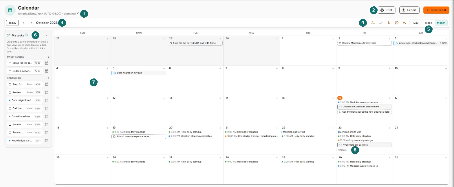 The calendar in Month view, with the main areas numbered