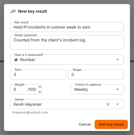 The New key result dialog