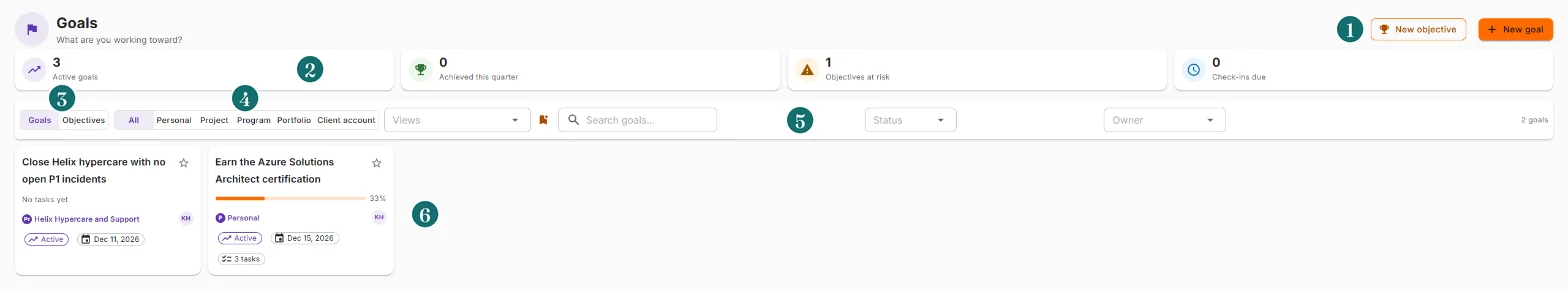 The Goals page, with the main areas numbered