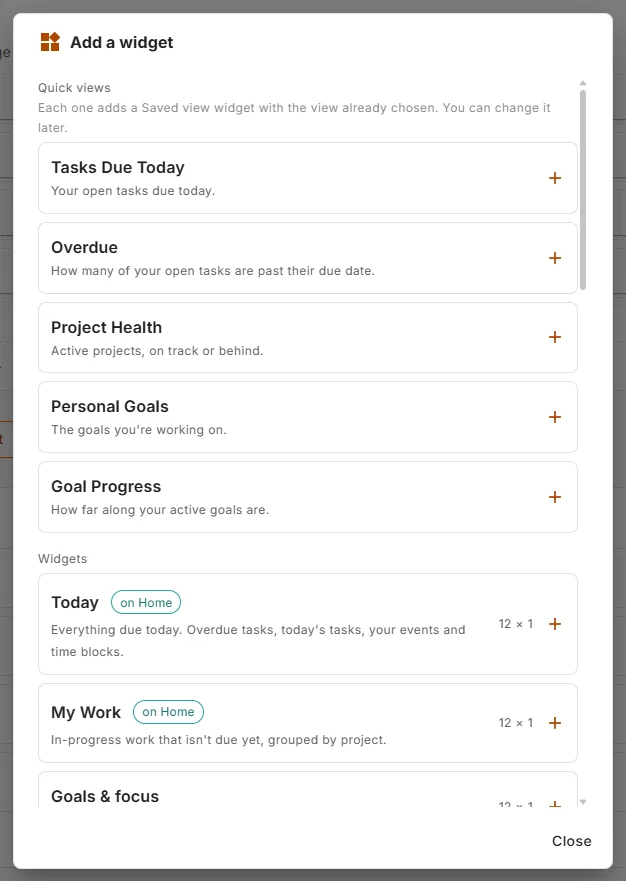 The Add a widget list