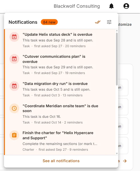 The bell's notification panel