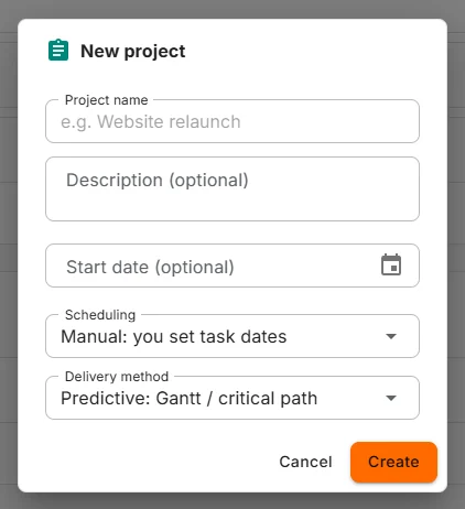 The New project form