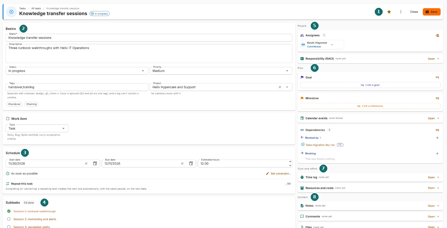 The task editor, with the main areas numbered