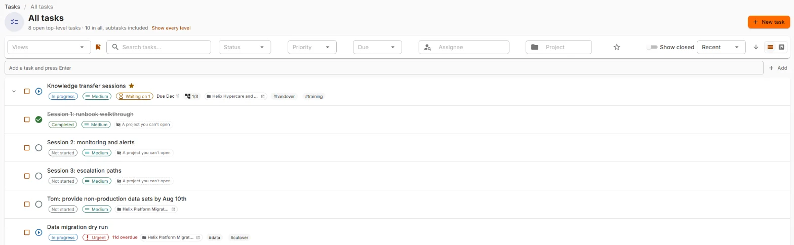 All tasks, with one task's subtasks open