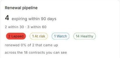 Renewal pipeline: 4 contracts expiring within 90 days, with Lapsed, At risk, Watch and Healthy counts.