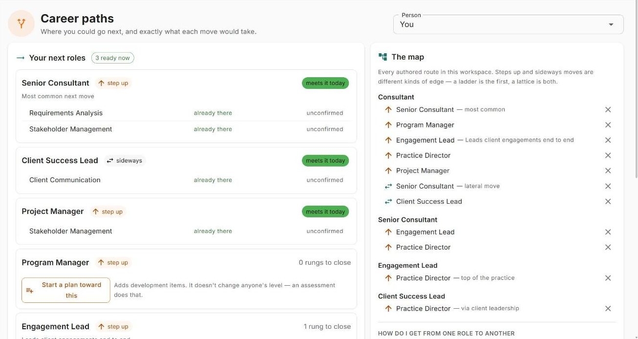 Nexus career paths page showing a person's next possible roles and the skills each move needs.