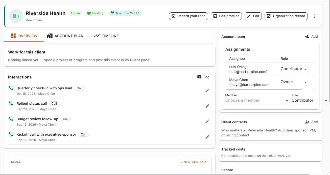 A Nexus client account showing health, recent interactions, and the account team.